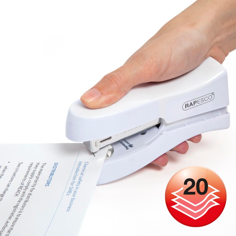 Rapesco 1319 Stand Up Stapler, Space-Saving Desktop Stapler, 20 Sheet Capacity, Ergonomic Grip, Uses Type 26 Standard 1/4" and Type 24 High-Capacity 1/4" Staples, White - Image 2